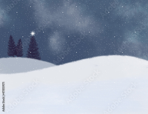 Winter landscape scene with snow, trees and star. Winter scene hand drawn illustration background with copy space. © White Lane Studio