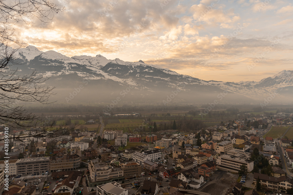 Vaduz, Liechtenstein, December 14, 2021 View over the city center after sunset