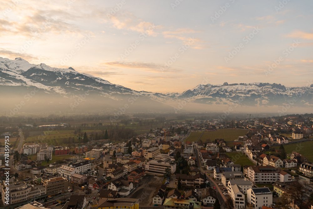 Vaduz, Liechtenstein, December 14, 2021 View over the city center after sunset