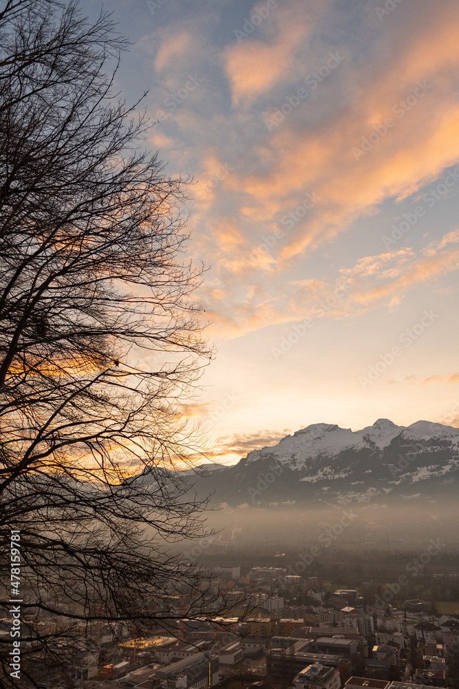 Obraz premium Vaduz, Liechtenstein, December 14, 2021 View over the surroundings after sunset