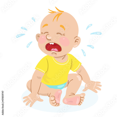 Crying sitting baby. In cartoon style. Isolated on white background. Vector illustration