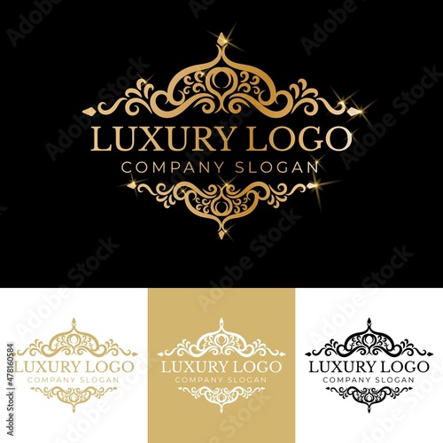 Golden calligraphic floral hand drawn monogram antique vintage style luxury logo design