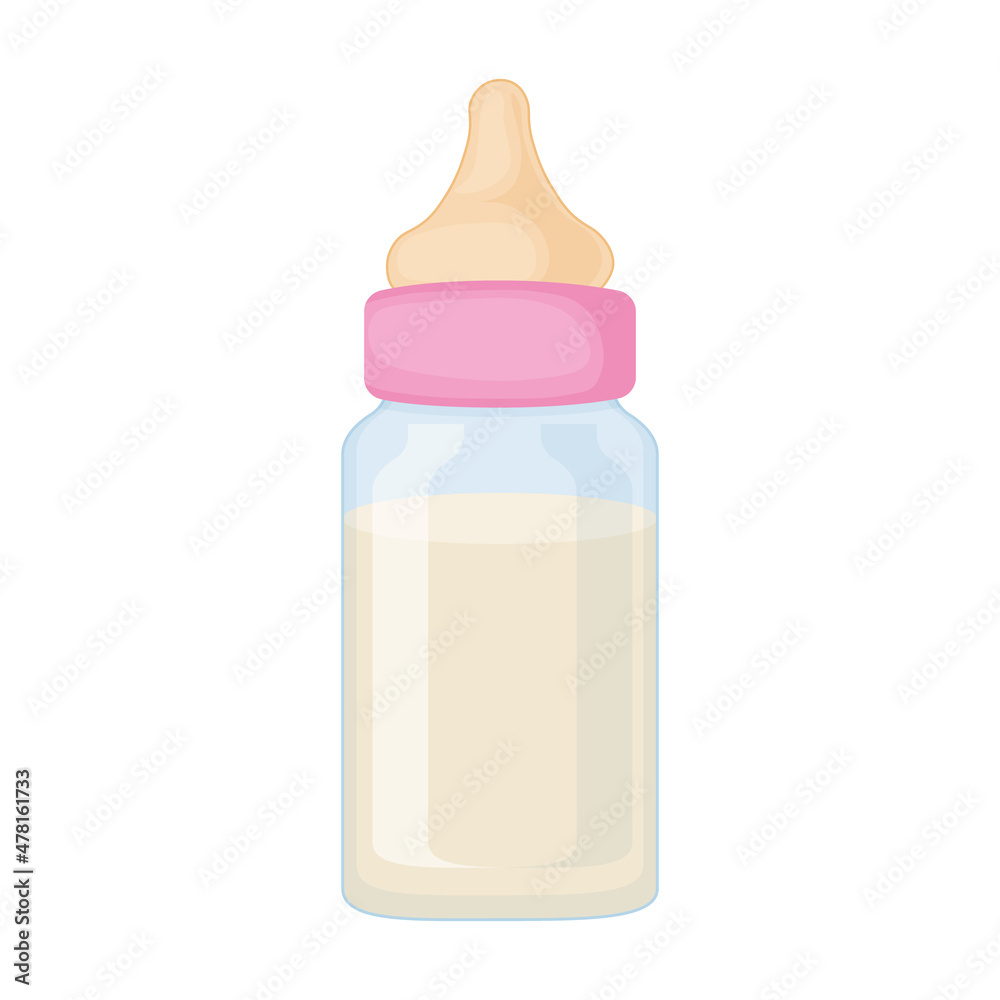 A bottle with a pacifier for babies. A bottle for feeding newborns filled with milk. Baby milk bottle. Vector illustration isolated on a white background