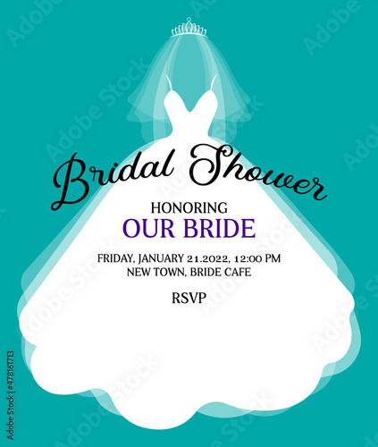 Bridal shower invitation with wedding dress, veil, diadem. Wedding invitation.  photo