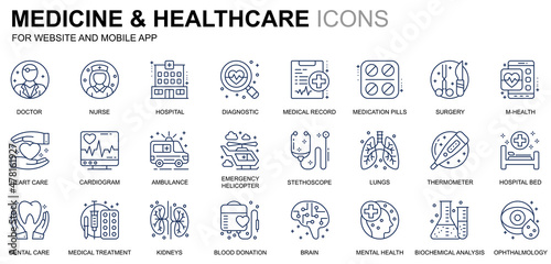 Simple Set Healthcare and Medicine Line Icons for Website and Mobile Apps. Contains such Icons as Doctor, Hospital, Medical Equipment. Conceptual color line icon. Vector pictogram pack.