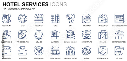 Simple Set Hotel Service Line Icons for Website and Mobile Apps. Contains such Icons as Restaurant, Room Services, Reception. Conceptual color line icon. Vector pictogram pack.