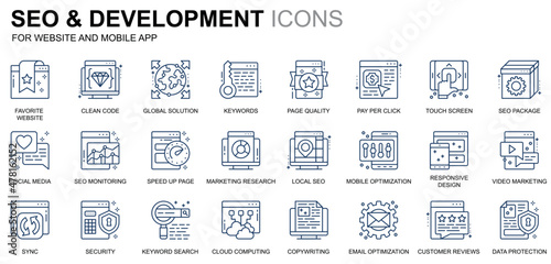 Simple Set Seo and Development Line Icons for Website and Mobile Apps. Contains such Icons as Clean Code, Data Protection, Monitoring. Conceptual color line icon. Vector pictogram pack.