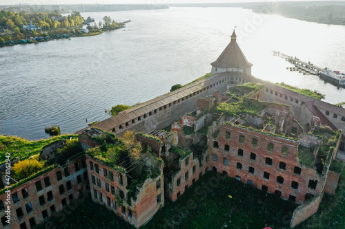 Aerial photography of the Oreshek Fortress in Shlisselburg in summer in Lake Ladoga. Top view of Walnut Island with a fortress. Russia, Shlisselburg, 08.21.2021