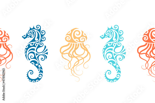 Seamless border underwater seahorse and jellyfish