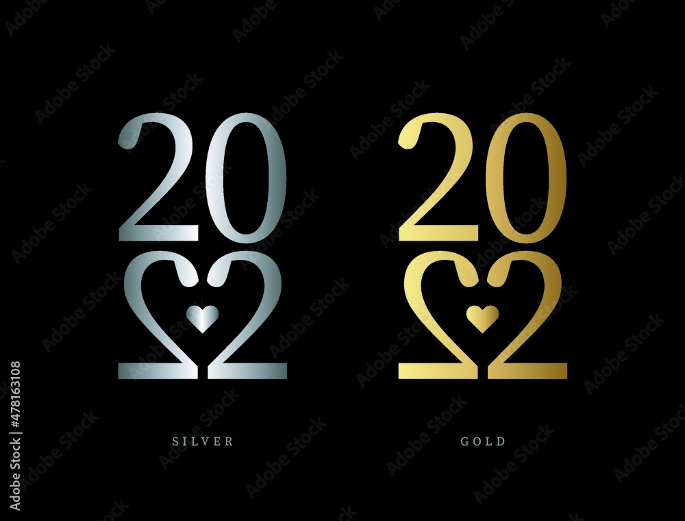 Happy New Year 2022 text design. for Brochure design template, card, banner. 2022 golden and silver Vector illustration. Creative heart concept design for new year 2022. Happy New Year 2022 text design. for Brochure design template, card, banner. 2022 golden and silver Vector illustration. Creative heart concept design for new year 2022.
