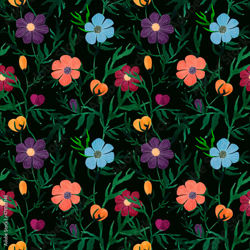 Seamless watercolor floral pattern - green leaves and branches composition on black background.