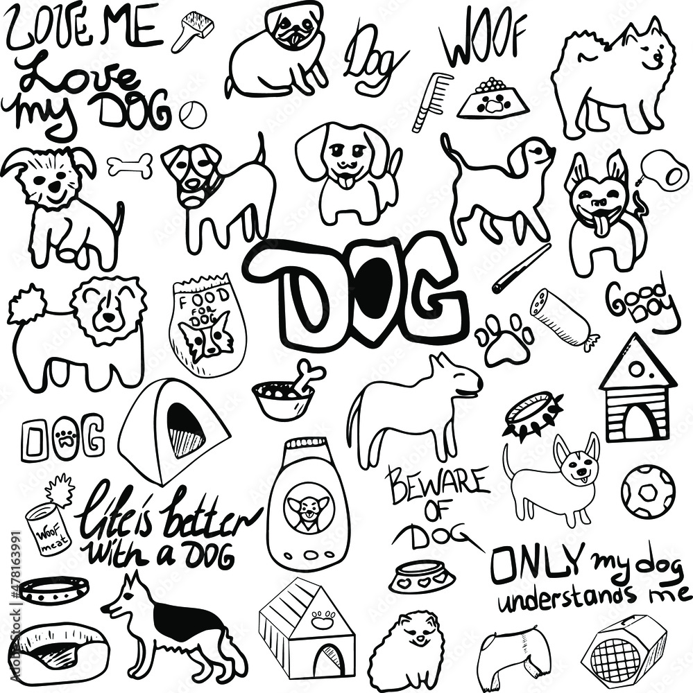 Dog doodle element set with lettering Dog doodle element set with lettering
