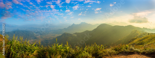 Scenic View Of Foggy Morning Sky With Rising Sun Above Misty Mountain. Fog and cloud mountain valley landscape. Beautiful nature with fog and cloud. Morning fog,Fog, Sunrise - Dawn, Tropical Climate,  © banjongseal324