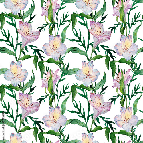 Seamless watercolor floral pattern - green leaves and purple alstroemeria composition on white background