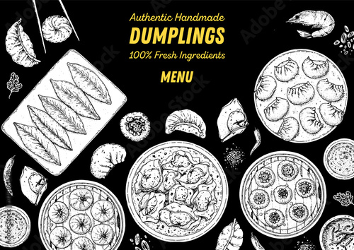 Dumplings top view frame. Food menu design template. Hand drawn vector illustration. Chinese dumplings. Vintage illustration. Hand drawn food sketch. Design template.