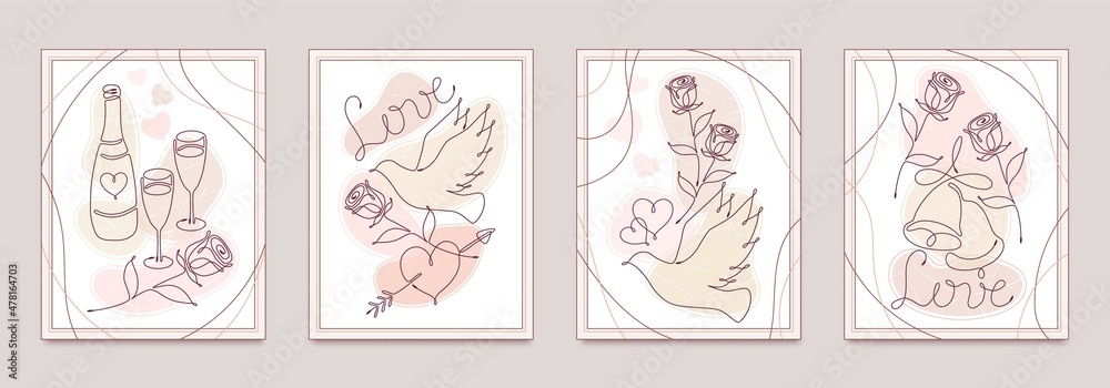 Set of wedding posters with one line drawing romantic symbols, abstract textured pastel shapes. Minimal wall art. Line art drawing. Art design for Wedding, Valentine day decoration Set of wedding posters with one line drawing romantic symbols, abstract textured pastel shapes. Minimal wall art. Line art drawing. Art design for Wedding, Valentine day decoration