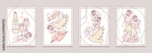 Set of wedding posters with one line drawing romantic symbols, abstract textured pastel shapes. Minimal wall art. Line art drawing. Art design for Wedding, Valentine day decoration