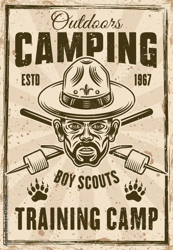Camping and outdoors vector poster in vintage style with head of boy scout in hat and two crossed marshmallow on sticks. Layered, separate grunge texture and text