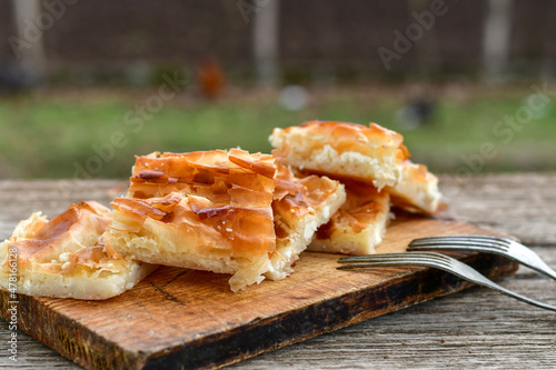 Bakery .Home made cheese pie with phyllo pastry and organic eggs. Bulgarian banitsa