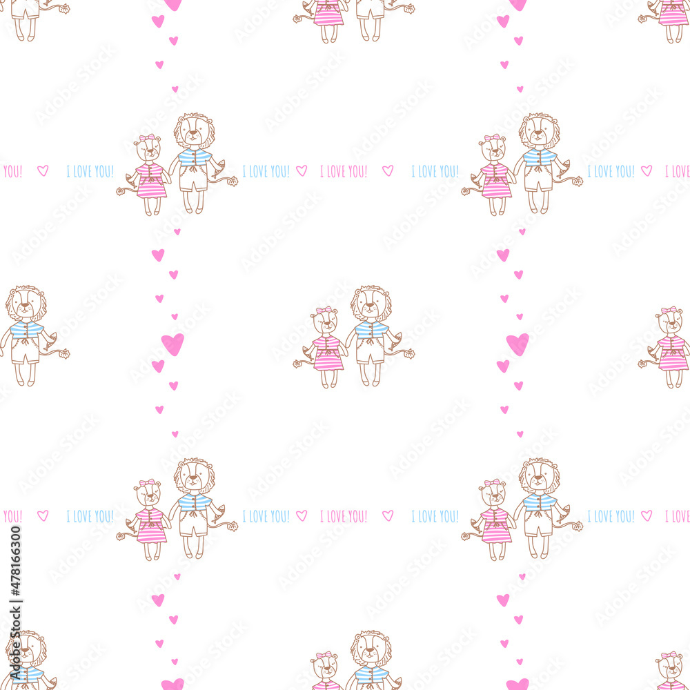 Seamless pattern with cute lions in love Seamless pattern with cute lions in love