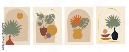 Collection of modern simple abstractions with geometric shapes (circles) with monstera and palm leaves in vases and pots on a colored beige background