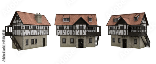 Fototapeta Naklejka Na Ścianę i Meble -  Medieval half timber house with stairs on the side. 3D rendering with 3 different angles isolated on white.