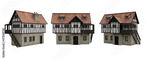 Medieval half timber house with stairs on the side. 3D rendering with 3 different angles isolated on white. photo