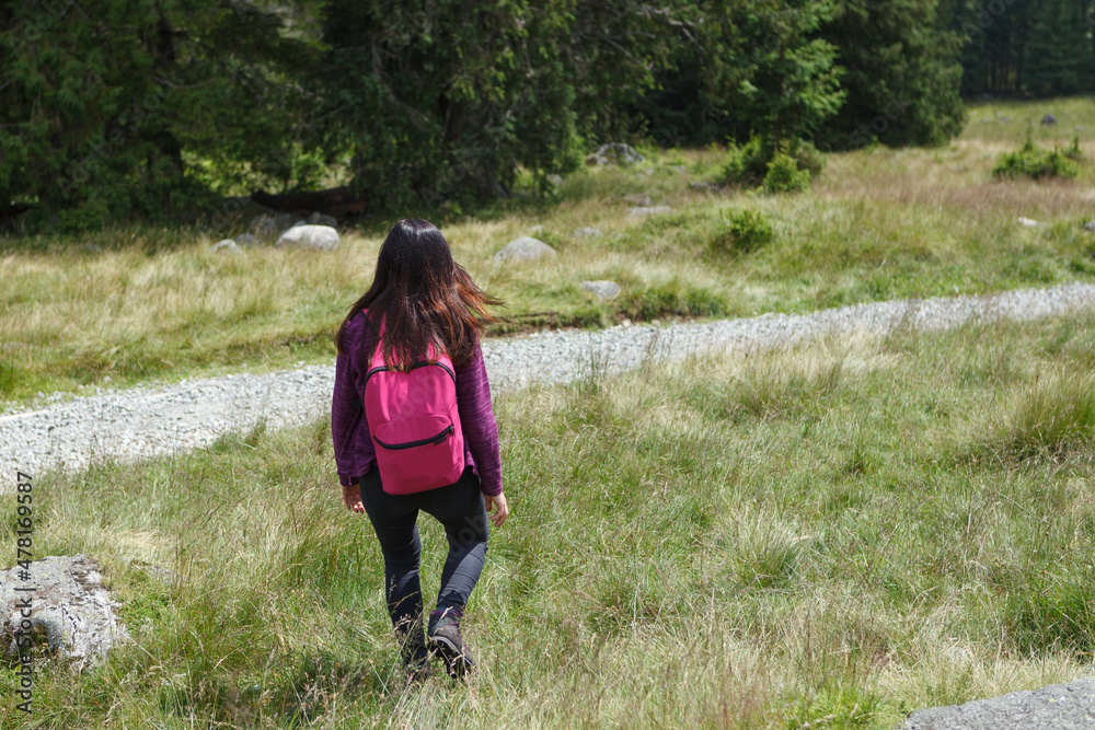 Rear view of woman with backpack. Picturesque view, mountain terrain. Rear view of woman with backpack. Picturesque view, mountain terrain.
