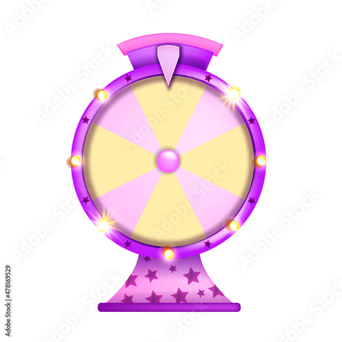 3D lucky lottery wheel game, vector roulette casino circle, fortune round jackpot win concept on white. Gambling bet spin entertainment, light bulbs, stars. 3D cartoon lucky wheel isolated UI design