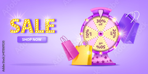 Sale lucky wheel background, 3D vector special offer lottery roulette game, online shopping price discount. Jackpot internet e-commerce gift bag, round fortune gamble concept. Lucky wheel web banner
