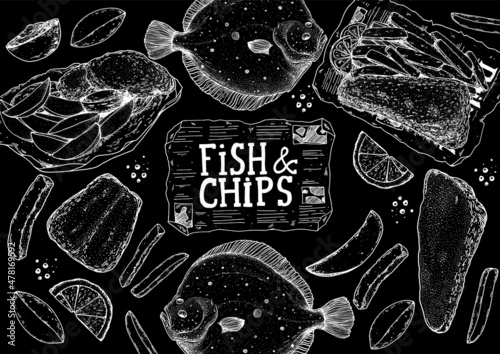 Fish and chips sketch vector illustration. British pub food. Hand drawn sketch. Cooking fish and chips. Engraved hand drawn vintage image. Menu design template.