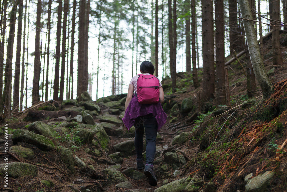 Forest hiking trail woman walking Wandering active people lifestyle in backpack.