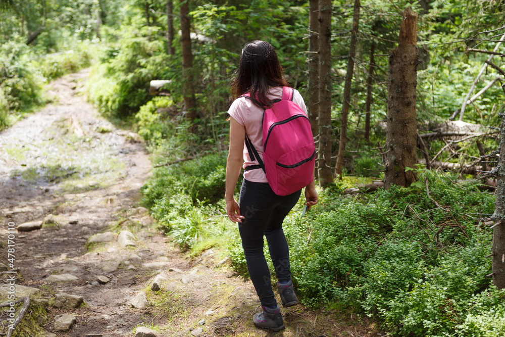Woman who hikes on gravel mountain trail. Shot from behind. Woman who hikes on gravel mountain trail. Shot from behind.