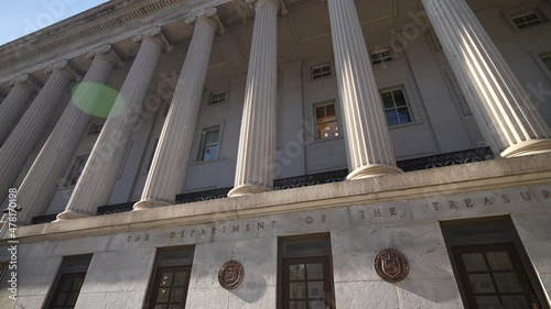 Wide angle view of the columns at the US Treasury Department in Washington, DC. photo