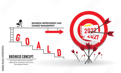  dart arrow hitting in the target center of dartboard with the new goals of 2022. vector illustration