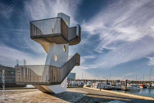 Fototapeta Watch tower at new marina in Esbjerg harbor at the North Sea coast, Denmark