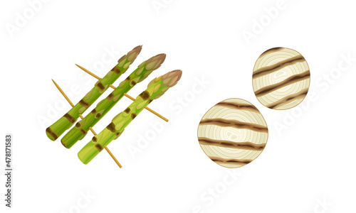 Grilled Onion and Asparagus as Cooked Food Vector Set