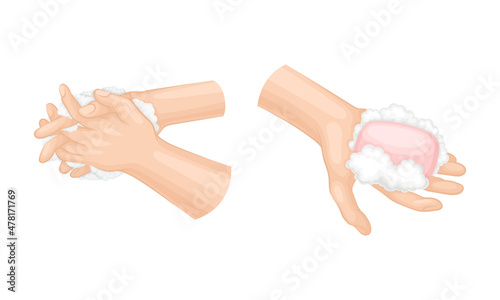 Hand Washing and Cleansing Using Soap Vector Set