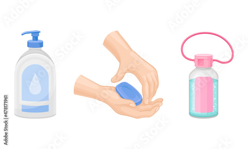 Personal Hygiene and Hand Cleansing with Soap and Sanitizer in Dispenser Bottle Vector Set