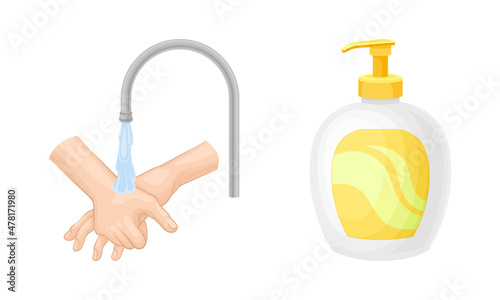 Personal Hygiene and Hand Cleansing with Tap Water and Soap in Dispenser Bottle Vector Set