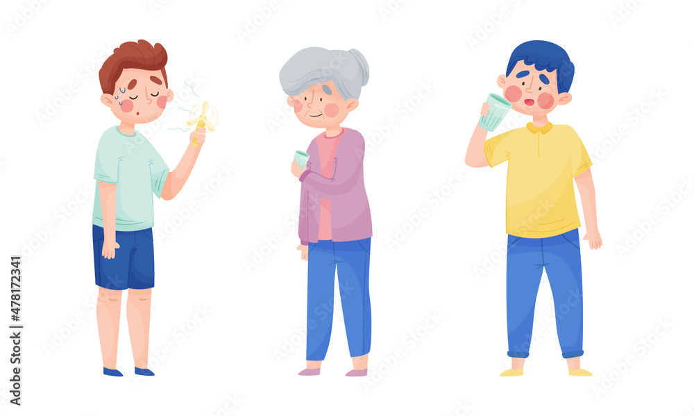 Sweating Man and Woman Suffering from Hot Summer Weather Drinking Water and Cooling with Fan Vector Set