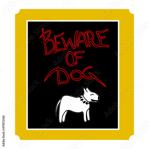 beware of dog sign with white dog on black