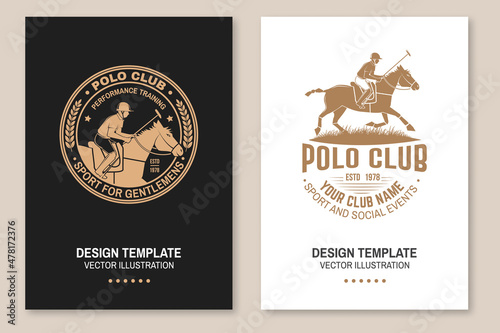 Set of Polo club sport badges, patches, emblems, logos. Vector illustration. Vintage monochrome equestrian label with rider and horse silhouettes. Concept for shirt or logo, print, stamp or tee.