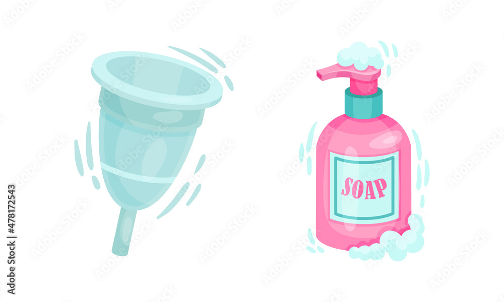 Menstrual Cup for Female Monthly Period and Liquid Soap in Bottle Vector Set Menstrual Cup for Female Monthly Period and Liquid Soap in Bottle Vector Set