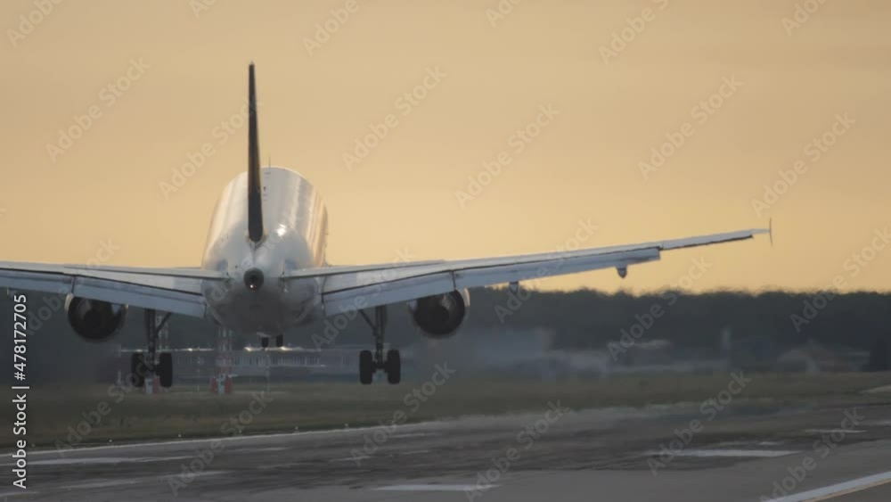 Passenger airliner landing at golden sunset. Tourism and travel concept Passenger airliner landing at golden sunset. Tourism and travel concept
