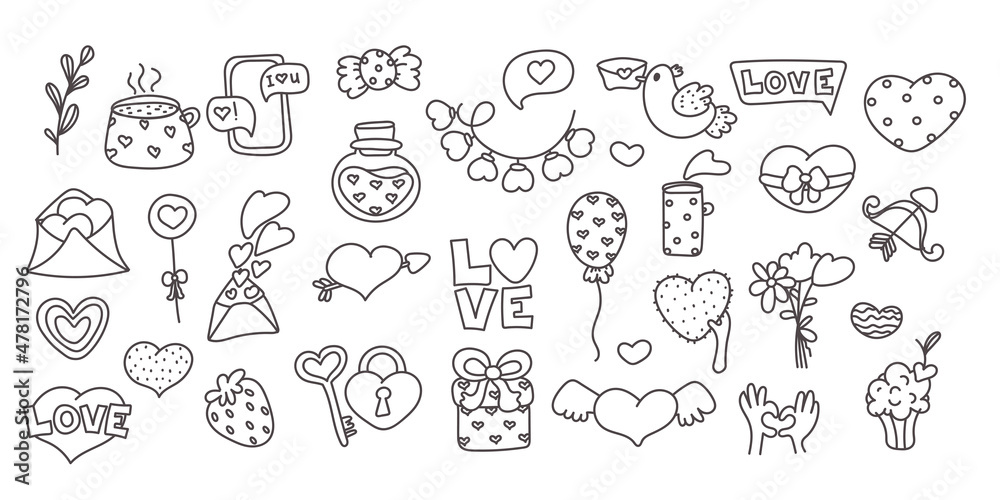 Valentine's Day set love. Love clipart. Many various romantic objects. hand drawn elements about love. Valentine's day collection of cute elements Valentine's Day set love. Love clipart. Many various romantic objects. hand drawn elements about love. Valentine's day collection of cute elements