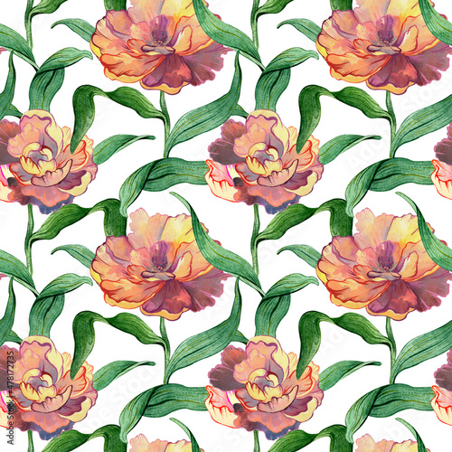 Seamless watercolor floral pattern - green leaves and colorful peony composition on white background