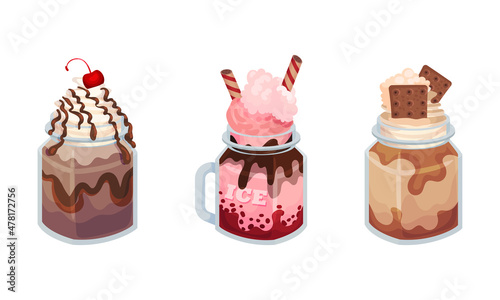 Frozen Dessert with Sweet Flavor and Cream in Glass Jar Vector Set