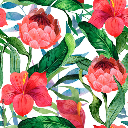 Seamless watercolor floral pattern - tropical leaves and pink flowers composition. Blossom Chineese rose and protea