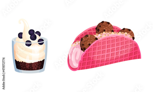 Frozen Dessert with Sweet Flavor and Cream in Glass Jar and Waffle Vector Set